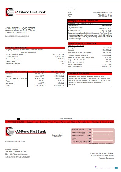 Download Cameroon Afriland First bank mortgage statement scr Photoshop template